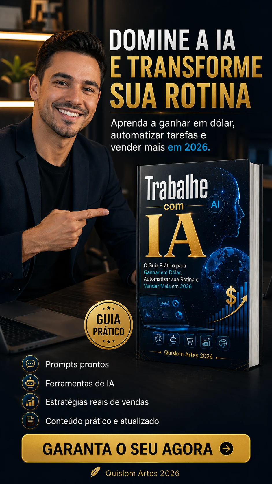 Arte do guia Trabalhe com IA com pessoa apresentando o produto